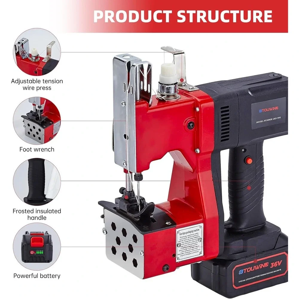BTOUWIND GK9-990 Portable Electric Bag Stitching Machine Handheld 36V Red Black